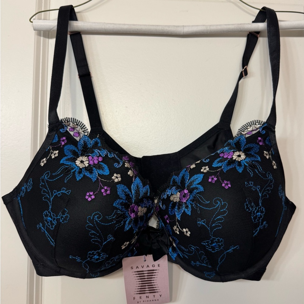 Savage X Fenty Black and Blue Embroidered Bra NWT